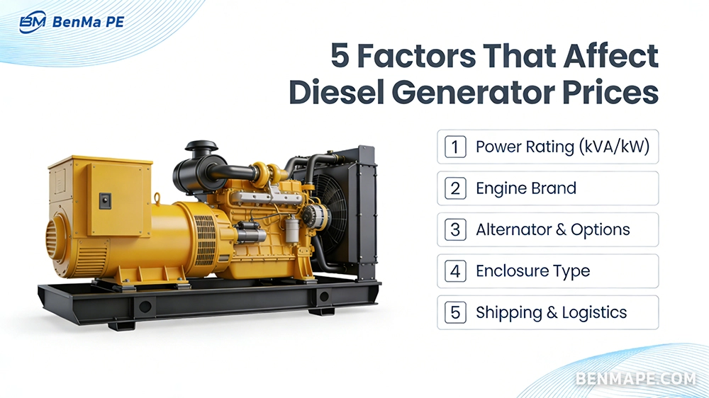 Infographic showing the 5 key factors affecting diesel generator prices: Power Rating, Engine Brand, Alternator Options, Enclosure Type, and Shipping Logistics. Featuring a BenMa PE open-frame diesel generator set